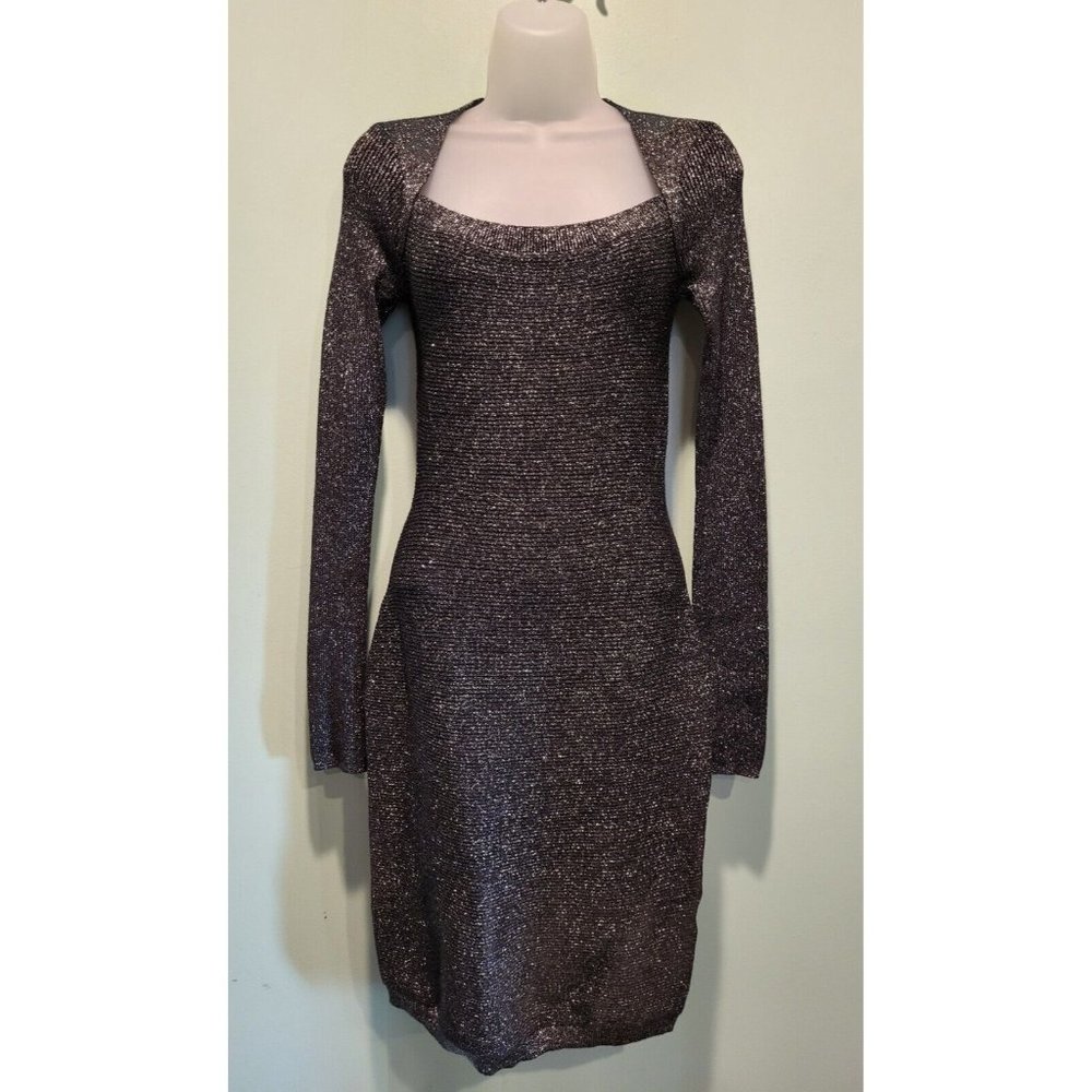 Express Black Silver Sparkle Long Sleeve Ribbed Stretch Bodycon Dress sz S